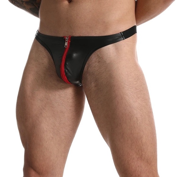 Mens Zipper Thong Mens Black Faux Leather Bulge Pouch Underwear Low Waist - Picture 4 of 6